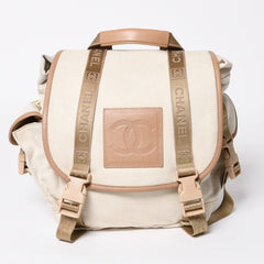 Very Good Condition CHANEL Sportsline Rucksack Backpack No. 10 Coco Mark Leather Canvas Beige Brown Used 4a009035