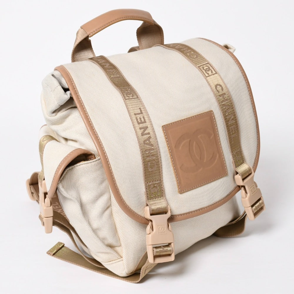 Very Good Condition CHANEL Sportsline Rucksack Backpack No. 10 Coco Mark Leather Canvas Beige Brown Used 4a009035