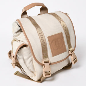 Very Good Condition CHANEL Sportsline Rucksack Backpack No. 10 Coco Mark Leather Canvas Beige Brown Used 4a009035