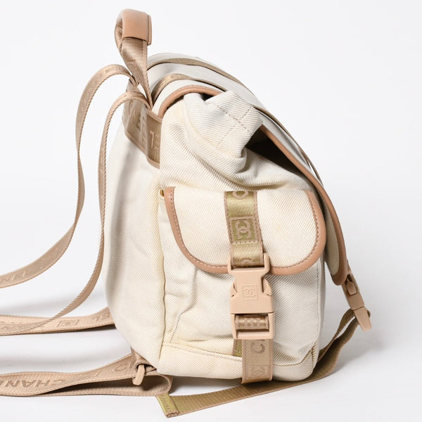 Very Good Condition CHANEL Sportsline Rucksack Backpack No. 10 Coco Mark Leather Canvas Beige Brown Used 4a009035