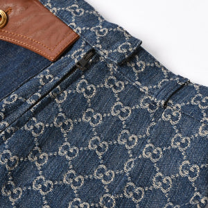 新品同様 GUCCI グッチ GG柄 デニムハーフパンツ 652661 イタリア製 コットン ラムスキン ブルー ブラウン ゴールド金具 サイズ40 中古 4a008950