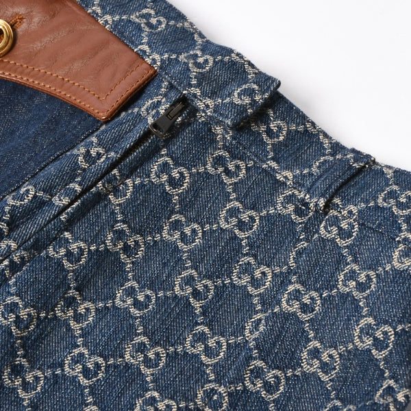 新品同様 GUCCI グッチ GG柄 デニムハーフパンツ 652661 イタリア製 コットン ラムスキン ブルー ブラウン ゴールド金具 サイズ40 中古 4a008950