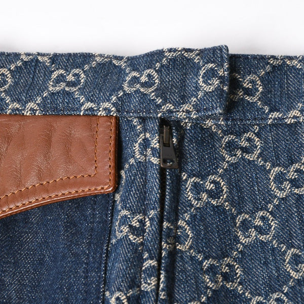 新品同様 GUCCI グッチ GG柄 デニムハーフパンツ 652661 イタリア製 コットン ラムスキン ブルー ブラウン ゴールド金具 サイズ40 中古 4a008950