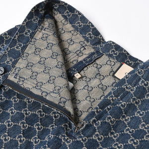 新品同様 GUCCI グッチ GG柄 デニムハーフパンツ 652661 イタリア製 コットン ラムスキン ブルー ブラウン ゴールド金具 サイズ40 中古 4a008950