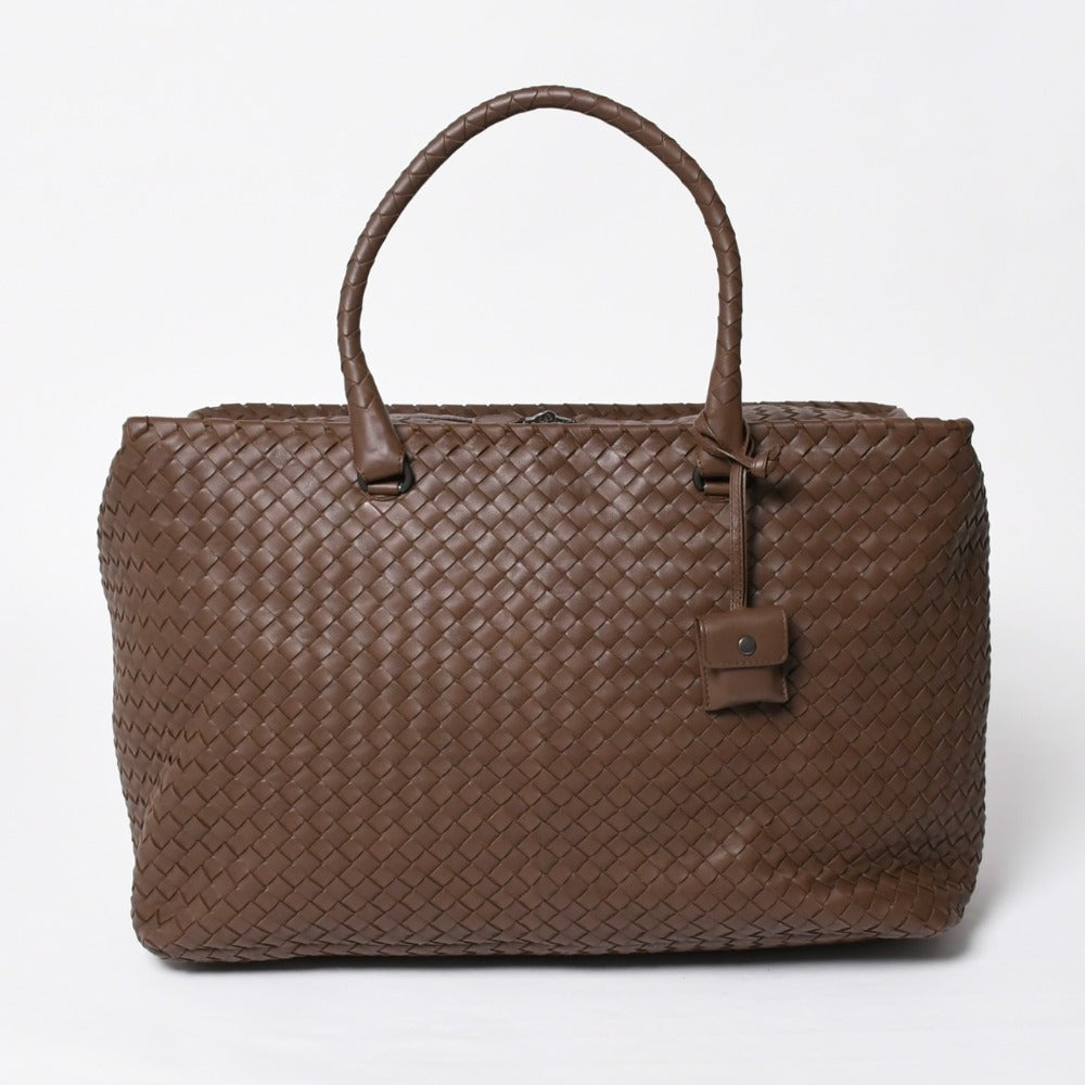 極美品 BOTTEGA VENETA ボッテガヴェネタ ブリック トートバッグ ボストンバッグ ブラウン ダークブラウン イントレチャート B01434627X 中古 4a009039