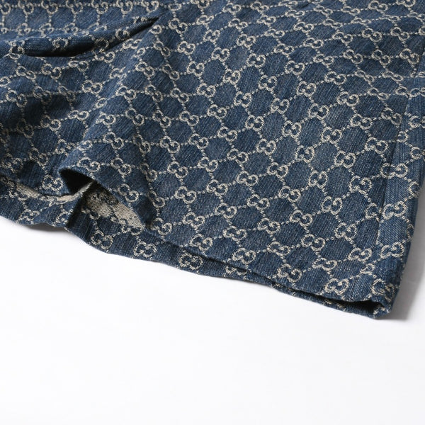 新品同様 GUCCI グッチ GG柄 デニムハーフパンツ 652661 イタリア製 コットン ラムスキン ブルー ブラウン ゴールド金具 サイズ40 中古 4a008950