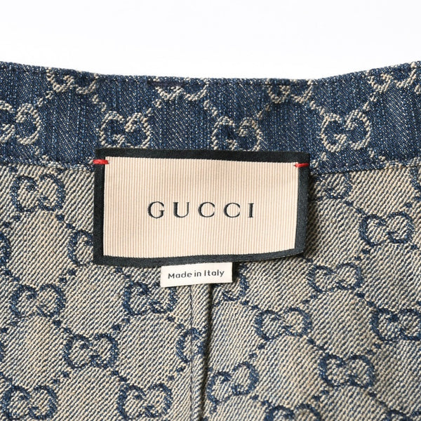 新品同様 GUCCI グッチ GG柄 デニムハーフパンツ 652661 イタリア製 コットン ラムスキン ブルー ブラウン ゴールド金具 サイズ40 中古 4a008950