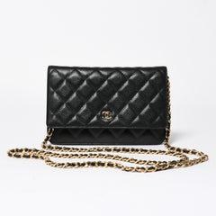 新品同様 CHANEL シャネル チェーンウォレット 長財布 AP0250 ランダム番台 ココマーク キャビアスキン ブラック ゴールド金具 中古 4a009065