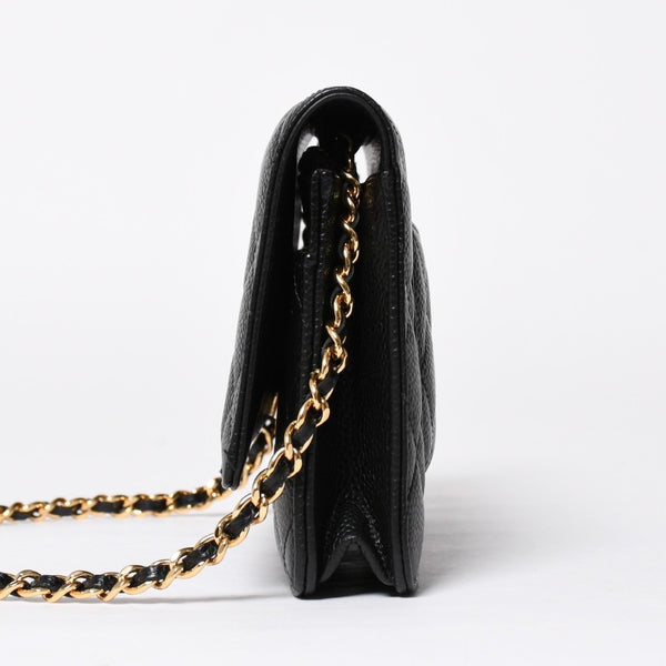 新品同様 CHANEL シャネル チェーンウォレット 長財布 AP0250 ランダム番台 ココマーク キャビアスキン ブラック ゴールド金具 中古 4a009065