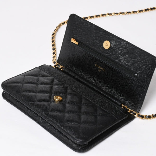 新品同様 CHANEL シャネル チェーンウォレット 長財布 AP0250 ランダム番台 ココマーク キャビアスキン ブラック ゴールド金具 中古 4a009065