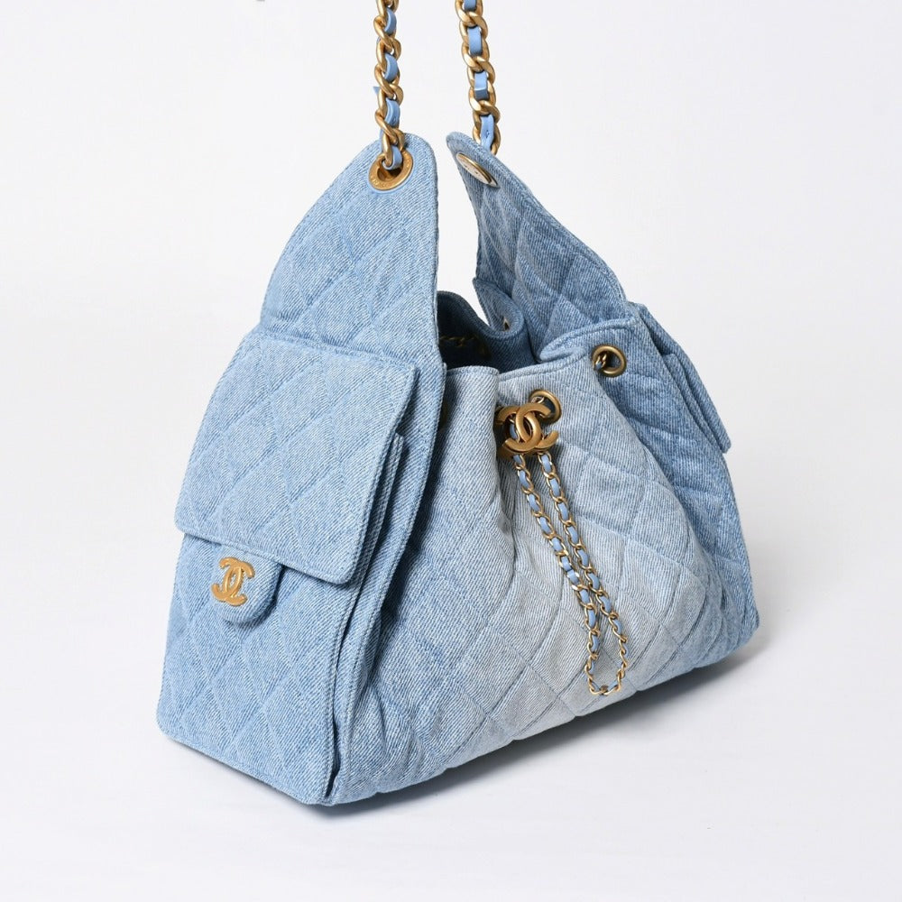 Like new CHANEL CHANEL 25 small handbag random number here mark denim leather blue used 4a009088