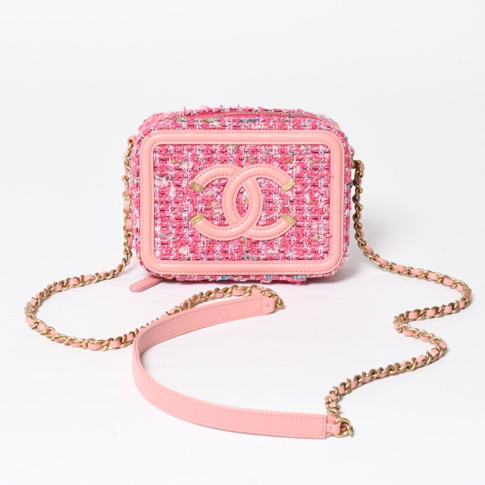 極美品 CHANEL シャネル CCフィリグリー スモール バニティバッグ ショルダーバッグ 27番台 ツイード ピンク マットゴールド金具 中古 4a009074
