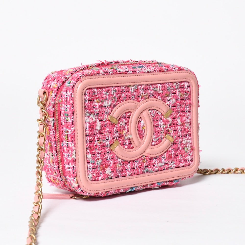 極美品 CHANEL シャネル CCフィリグリー スモール バニティバッグ ショルダーバッグ 27番台 ツイード ピンク マットゴールド金具 中古 4a009074
