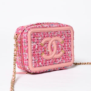 極美品 CHANEL シャネル CCフィリグリー スモール バニティバッグ ショルダーバッグ 27番台 ツイード ピンク マットゴールド金具 中古 4a009074
