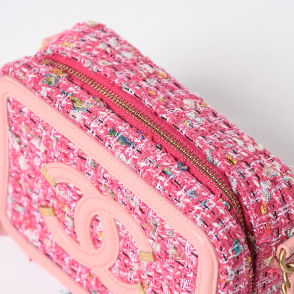 極美品 CHANEL シャネル CCフィリグリー スモール バニティバッグ ショルダーバッグ 27番台 ツイード ピンク マットゴールド金具 中古 4a009074