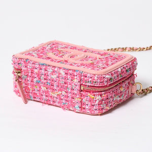 極美品 CHANEL シャネル CCフィリグリー スモール バニティバッグ ショルダーバッグ 27番台 ツイード ピンク マットゴールド金具 中古 4a009074
