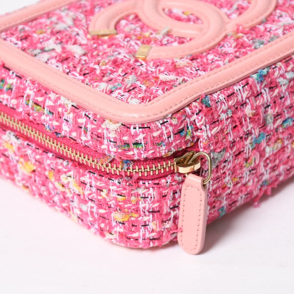極美品 CHANEL シャネル CCフィリグリー スモール バニティバッグ ショルダーバッグ 27番台 ツイード ピンク マットゴールド金具 中古 4a009074