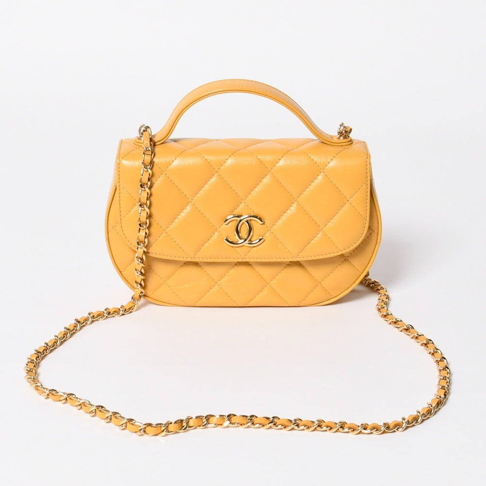 新品同様 CHANEL シャネル ホーボー チェーンショルダーバッグ ランダム番台 ココマーク カーフスキン イエロー ゴールド金具 中古 4a008586
