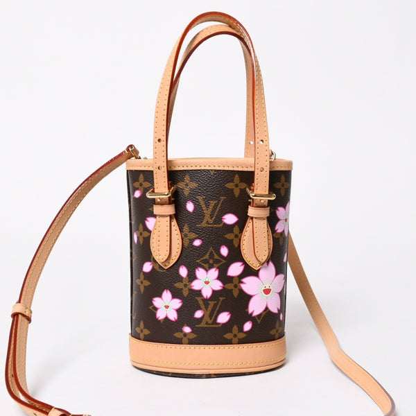 新品同様 LOUIS VUITTON LV × TM ルイヴィトン ナノ バケット ハンドバッグ M13417 モノグラム チェリーブロッサム 村上隆 中古 4a008351