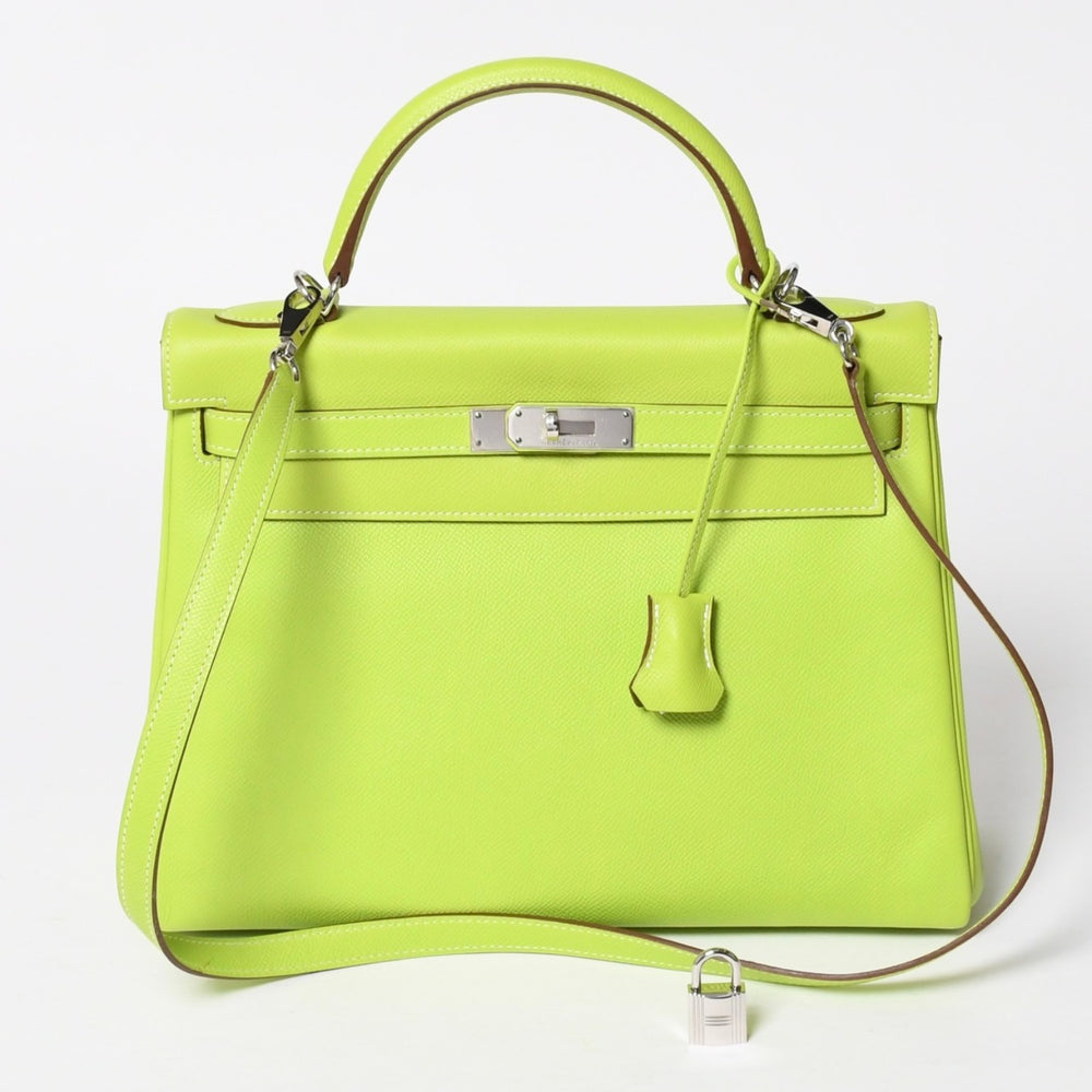 新品同様 HERMES エルメス ケリー32 2WAYバッグ □O刻印 キウイ リケン ヴォーエプソン シルバー金具 2011年製 内縫い 中古 4a008402