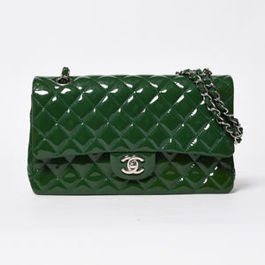 極美品 CHANEL シャネル マトラッセ 25cm Wフラップ チェーンショルダーバッグ 19番台 パテント グリーン シルバー金具 中古 4a008758