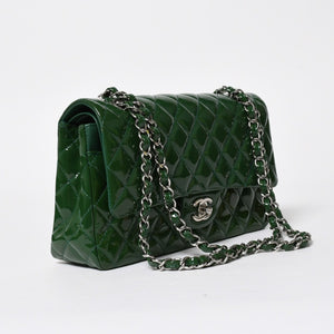 極美品 CHANEL シャネル マトラッセ 25cm Wフラップ チェーンショルダーバッグ 19番台 パテント グリーン シルバー金具 中古 4a008758