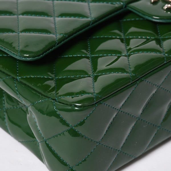 極美品 CHANEL シャネル マトラッセ 25cm Wフラップ チェーンショルダーバッグ 19番台 パテント グリーン シルバー金具 中古 4a008758