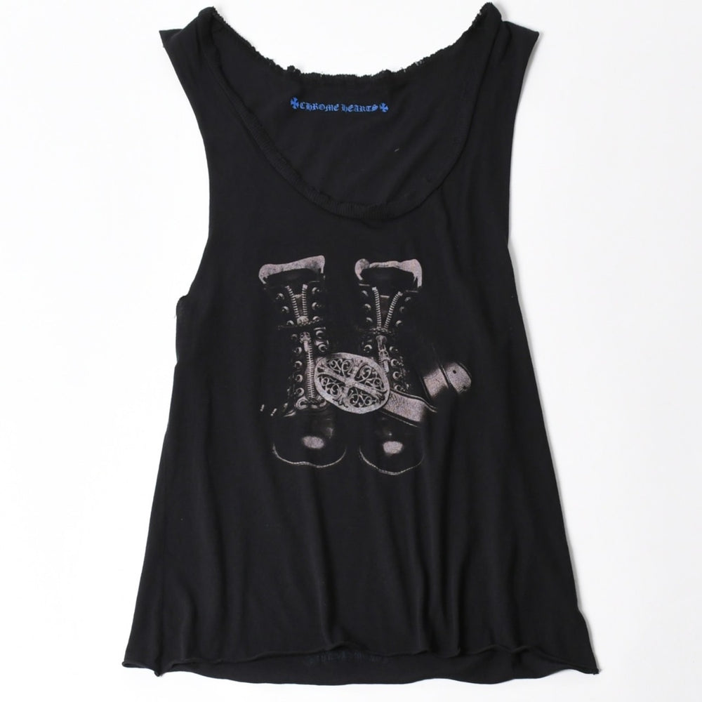 極美品 CHROME HEARTS クロムハーツ ベルトタンクトップ ノースリーブ スクロールラベル サイズXS ブラック グレー ブルー 中古 4a008425