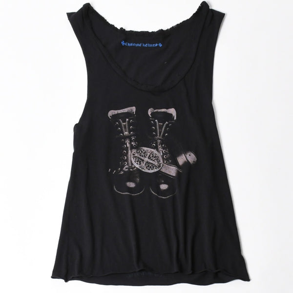 極美品 CHROME HEARTS クロムハーツ ベルトタンクトップ ノースリーブ スクロールラベル サイズXS ブラック グレー ブルー 中古 4a008425