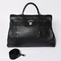 Extremely rare HERMES Kelly 50 handbag, black Taurillon Clemence leather, silver hardware. ◻J stamp, excellent condition, pre-owned, 4a008677