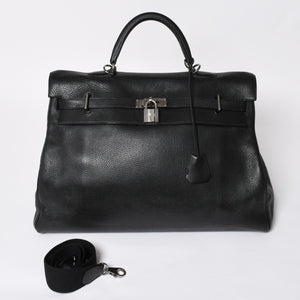 Extremely rare HERMES Kelly 50 handbag, black Taurillon Clemence leather, silver hardware. ◻J stamp, excellent condition, pre-owned, 4a008677