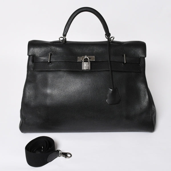 Extremely rare HERMES Kelly 50 handbag, black Taurillon Clemence leather, silver hardware. ◻J stamp, excellent condition, pre-owned, 4a008677