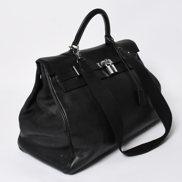 Extremely rare HERMES Kelly 50 handbag, black Taurillon Clemence leather, silver hardware. ◻J stamp, excellent condition, pre-owned, 4a008677
