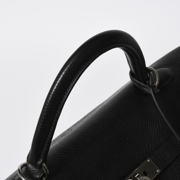 Extremely rare HERMES Kelly 50 handbag, black Taurillon Clemence leather, silver hardware. ◻J stamp, excellent condition, pre-owned, 4a008677