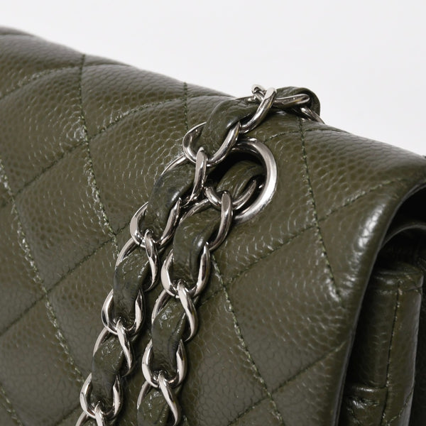 極美品 CHANEL シャネル マトラッセ25 Wフラップ Wチェーンショルダーバッグ 14番台 ココマーク キャビアスキン オリーブ 中古 4a008411