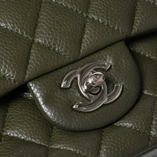 極美品 CHANEL シャネル マトラッセ25 Wフラップ Wチェーンショルダーバッグ 14番台 ココマーク キャビアスキン オリーブ 中古 4a008411