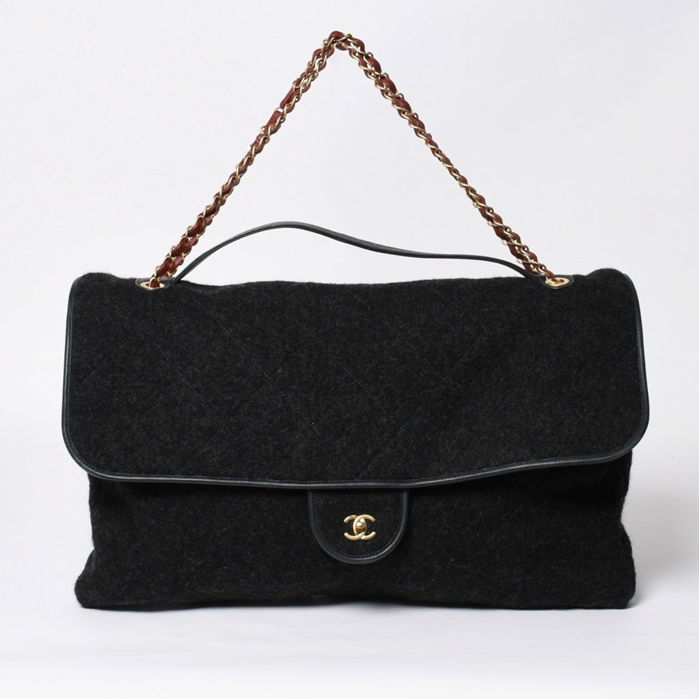 CHANEL Maxim Top Handle Flap W Chain Shoulder Bag Handbag Random Number Coco Mark Wool Felt Gray Good Condition Used 4a008689