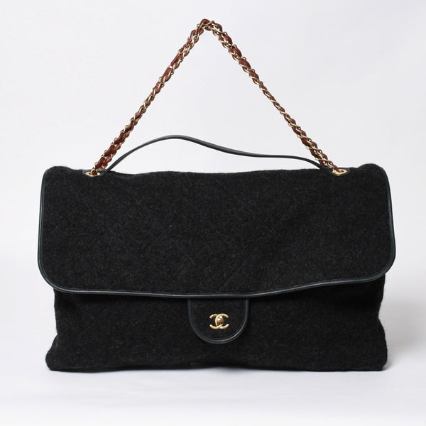 CHANEL Maxim Top Handle Flap W Chain Shoulder Bag Handbag Random Number Coco Mark Wool Felt Gray Good Condition Used 4a008689