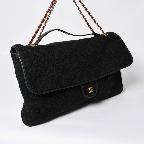 CHANEL Maxim Top Handle Flap W Chain Shoulder Bag Handbag Random Number Coco Mark Wool Felt Gray Good Condition Used 4a008689