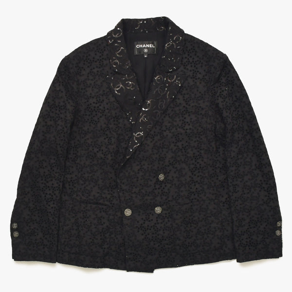 Like new CHANEL Coco Mark Lace Sequin Jacket Men's P70098 Cotton Polyester Black Size 50 Used 4a008700