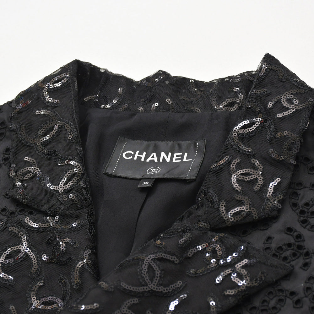 Like new CHANEL Coco Mark Lace Sequin Jacket Men's P70098 Cotton Polyester Black Size 50 Used 4a008700