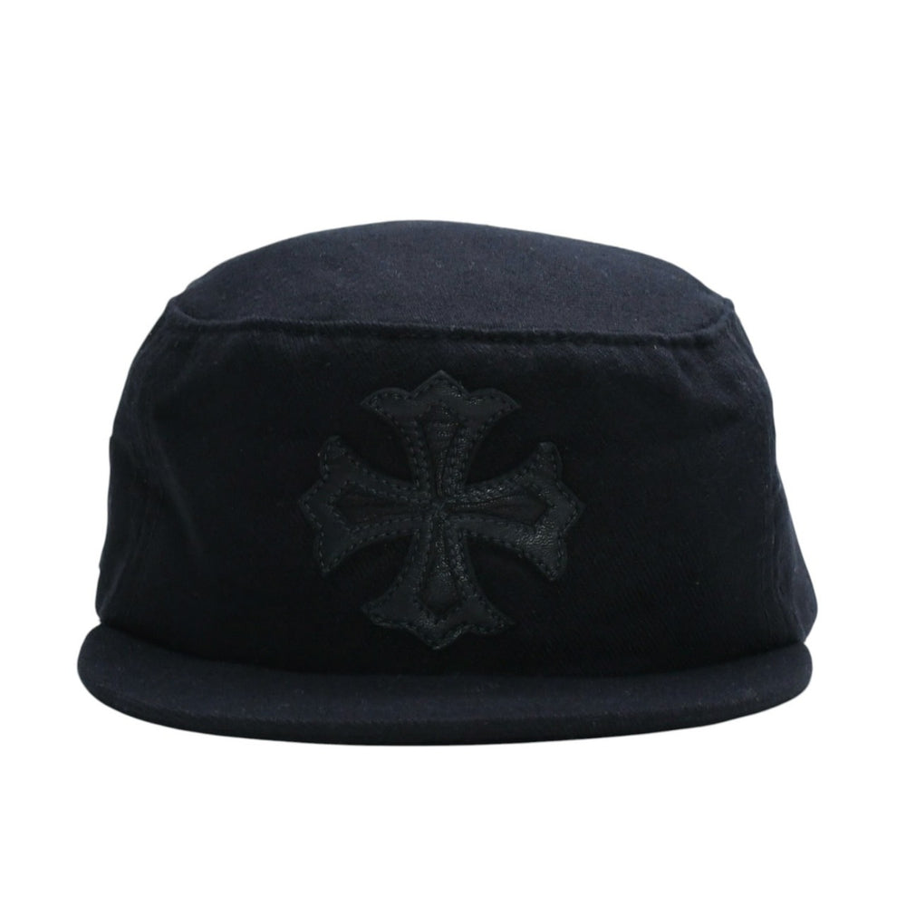 極美品 CHROME HEARTS クロムハーツ コンバットキャップ クロスパッチ U.S.A製 コットン レザー ブラック ワンサイズ 中古 4a008428