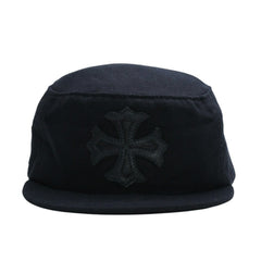 極美品 CHROME HEARTS クロムハーツ コンバットキャップ クロスパッチ U.S.A製 コットン レザー ブラック ワンサイズ 中古 4a008428