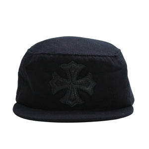 極美品 CHROME HEARTS クロムハーツ コンバットキャップ クロスパッチ U.S.A製 コットン レザー ブラック ワンサイズ 中古 4a008428