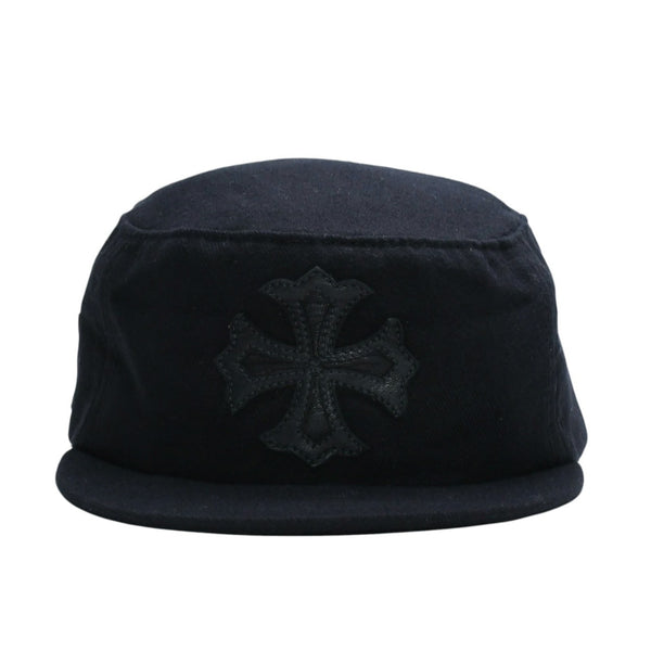 極美品 CHROME HEARTS クロムハーツ コンバットキャップ クロスパッチ U.S.A製 コットン レザー ブラック ワンサイズ 中古 4a008428