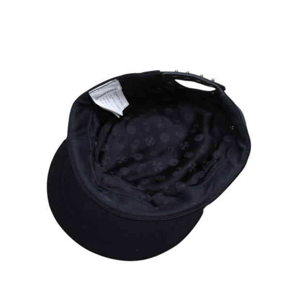 極美品 CHROME HEARTS クロムハーツ コンバットキャップ クロスパッチ U.S.A製 コットン レザー ブラック ワンサイズ 中古 4a008428