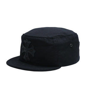 極美品 CHROME HEARTS クロムハーツ コンバットキャップ クロスパッチ U.S.A製 コットン レザー ブラック ワンサイズ 中古 4a008428