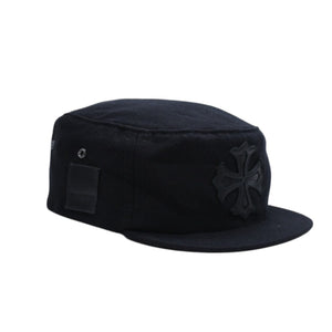 極美品 CHROME HEARTS クロムハーツ コンバットキャップ クロスパッチ U.S.A製 コットン レザー ブラック ワンサイズ 中古 4a008428