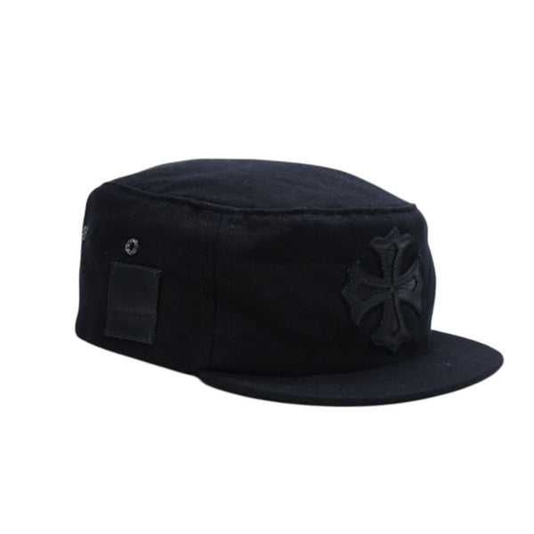 極美品 CHROME HEARTS クロムハーツ コンバットキャップ クロスパッチ U.S.A製 コットン レザー ブラック ワンサイズ 中古 4a008428