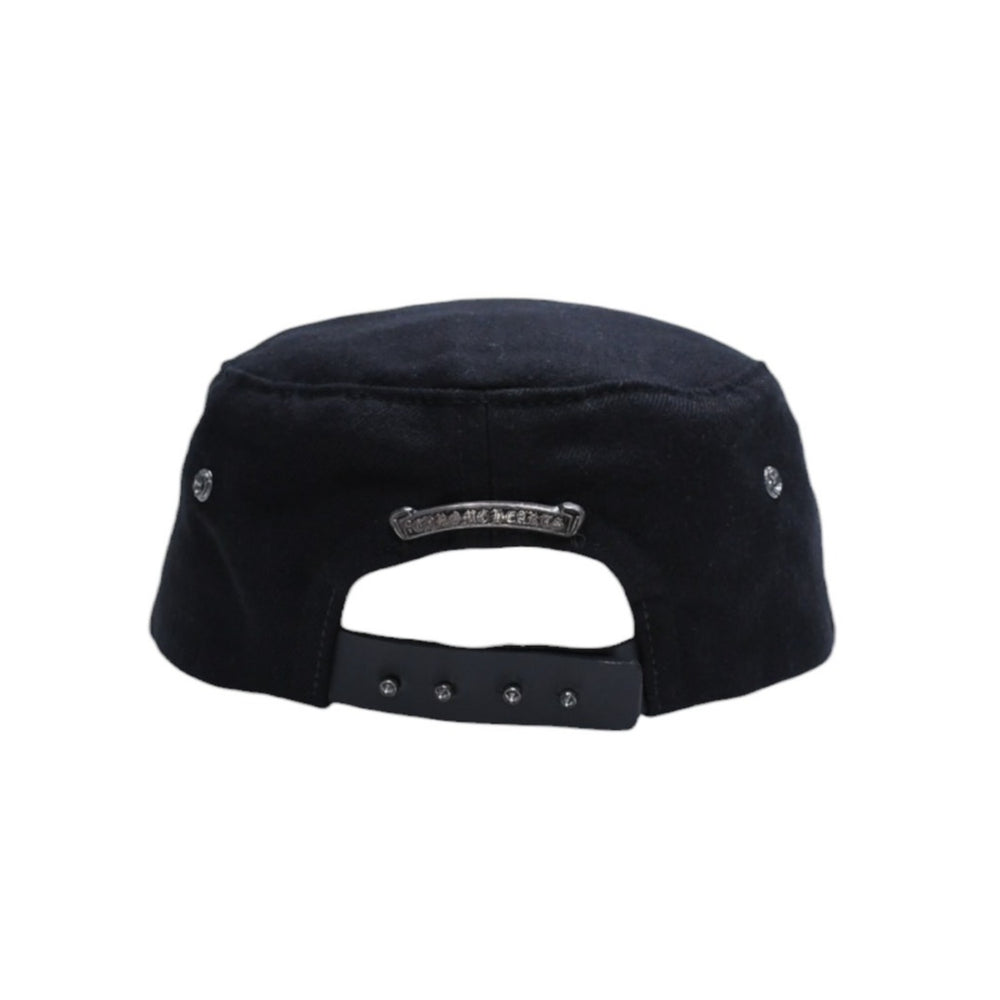 極美品 CHROME HEARTS クロムハーツ コンバットキャップ クロスパッチ U.S.A製 コットン レザー ブラック ワンサイズ 中古 4a008428